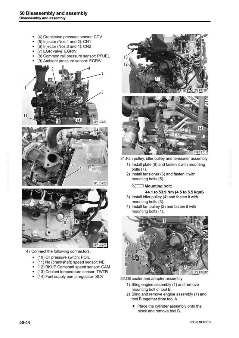 May include: Diagram of an engine disassembly and assembly process, with multiple detailed views of engine components. Includes labels for sensors, valves, and pulleys, along with torque specifications in Newton meters and kilogram-meters.