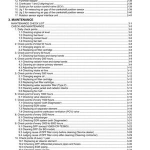 May include: A detailed table of contents from a manual, listing maintenance procedures for an engine. The text includes items like oil changes, filter replacements, and valve clearance checks. The document is printed on white paper.