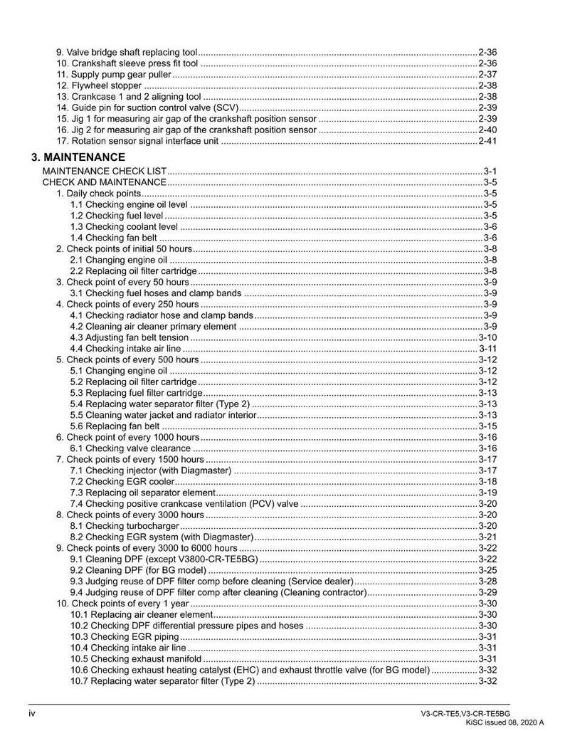May include: A detailed table of contents from a manual, listing maintenance procedures for an engine. The text includes items like oil changes, filter replacements, and valve clearance checks. The document is printed on white paper.