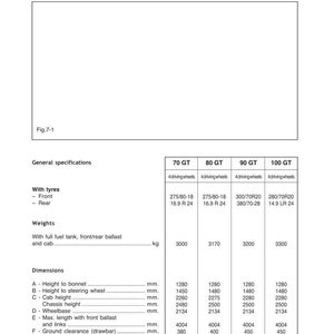 Puede incluir: Documento blanco con el t&iacute;tulo "Identificaci&oacute;n y especificaciones t&eacute;cnicas del tractor". Presenta especificaciones para tractores 70 GT, 80 GT, 90 GT y 100 GT, con dimensiones en mil&iacute;metros.