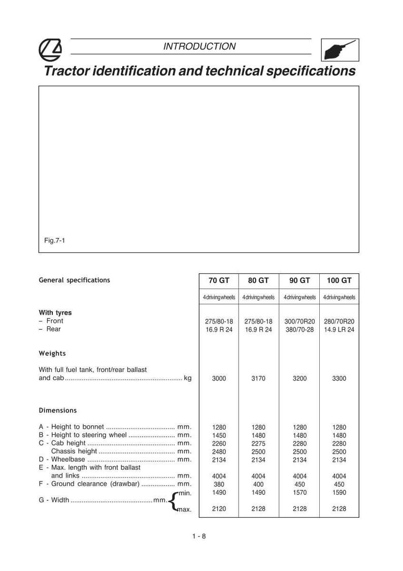 Puede incluir: Documento blanco con el t&iacute;tulo "Identificaci&oacute;n y especificaciones t&eacute;cnicas del tractor". Presenta especificaciones para tractores 70 GT, 80 GT, 90 GT y 100 GT, con dimensiones en mil&iacute;metros.