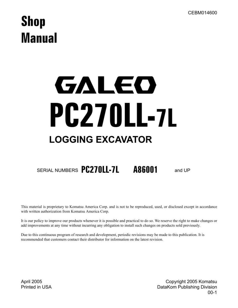 K&ouml;nnte beinhalten: Ein wei&szlig;es Werkstatthandbuch mit dem Text "GALEO PC270LL-7L LOGGING EXCAVATOR" in fetter schwarzer Schrift. Das Handbuch enth&auml;lt auch Seriennummern und Urheberrechtsinformationen. Das Dokument ist in den USA gedruckt.