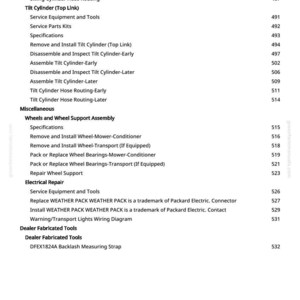 May include: A page from a manual with a table of contents. The text includes titles such as "Tilt Cylinder," "Wheels and Wheel Support Assembly," and "Electrical Repair." Page numbers are listed on the right.