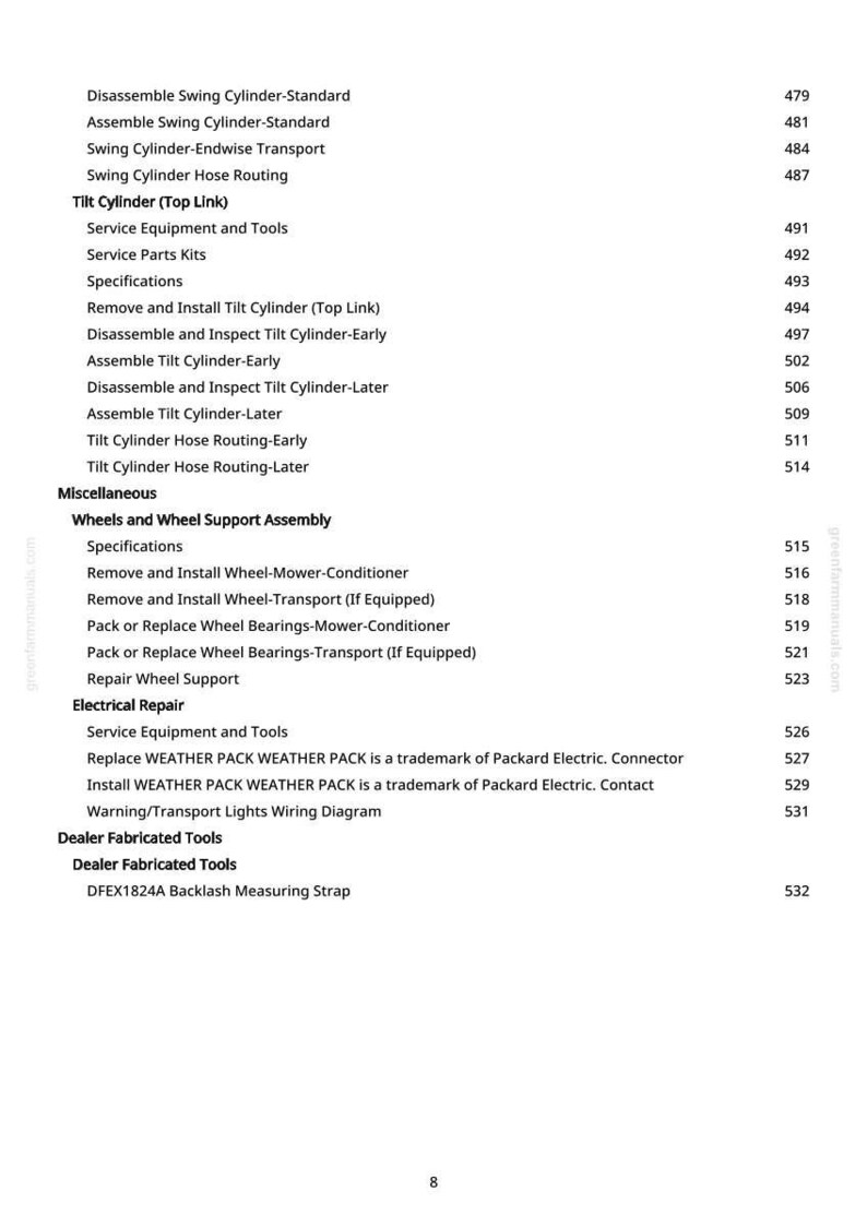 May include: A page from a manual with a table of contents. The text includes titles such as "Tilt Cylinder," "Wheels and Wheel Support Assembly," and "Electrical Repair." Page numbers are listed on the right.