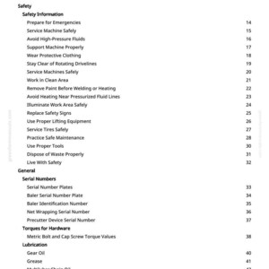 May include: A white page titled "Table of Contents" with a list of safety and general topics. The topics include "Safety Information", "Serial Numbers", and "Torques for Hardware". The page has a greenfarmmanuals.com watermark.