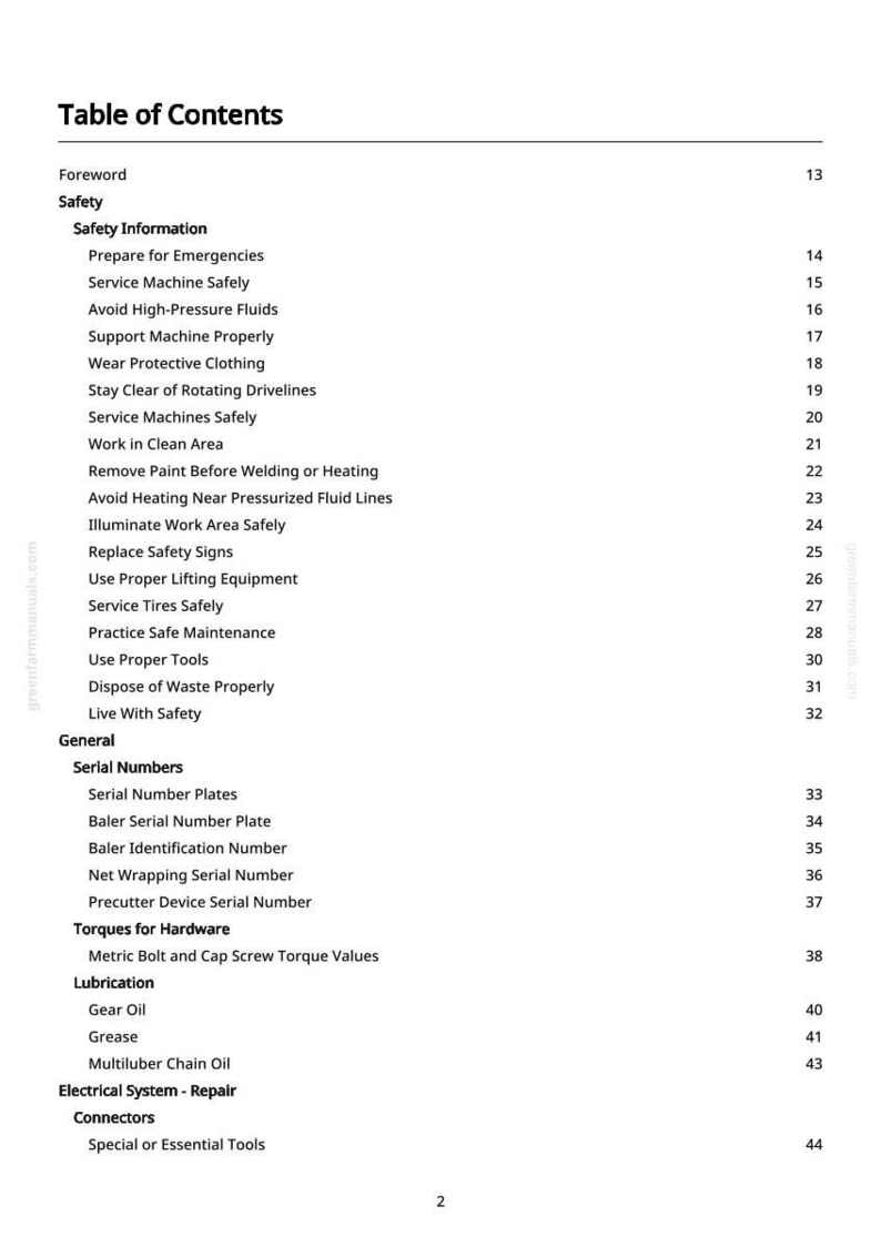 May include: A white page titled "Table of Contents" with a list of safety and general topics. The topics include "Safety Information", "Serial Numbers", and "Torques for Hardware". The page has a greenfarmmanuals.com watermark.