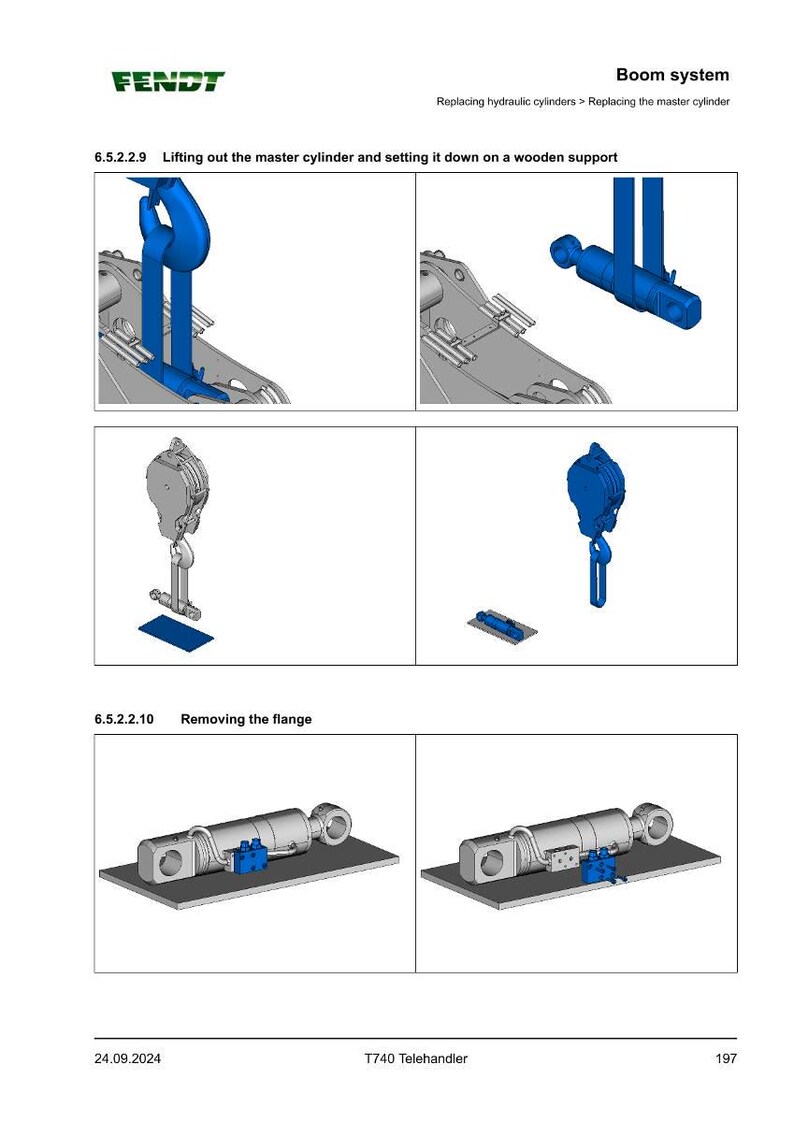May include: Diagram illustrating the replacement of hydraulic cylinders in a boom system. The image details steps such as lifting the master cylinder and removing the flange. The Fendt logo is visible, along with the text 'T740 Telehandler'.