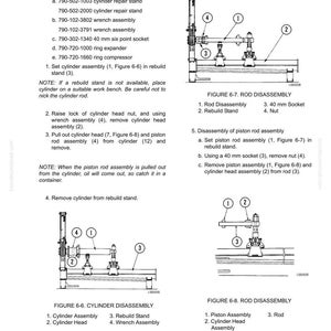 Puede incluir: Diagrama de desmontaje del cilindro de direcci&oacute;n con piezas y herramientas etiquetadas. Incluye figuras para el desmontaje de la varilla y el cilindro, con una lista de herramientas necesarias e instrucciones para reconstruir el cilindro.