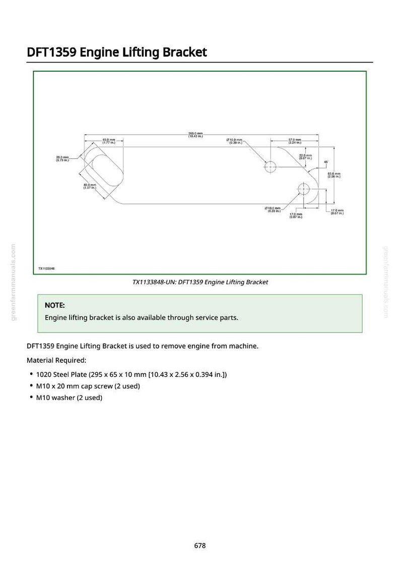 Peut inclure: Sch&eacute;ma technique d'un support de levage de moteur DFT1359, avec des dimensions en millim&egrave;tres et en pouces. Le support est en acier 1020. Le texte comprend "Support de levage de moteur" et "Mat&eacute;riel requis".