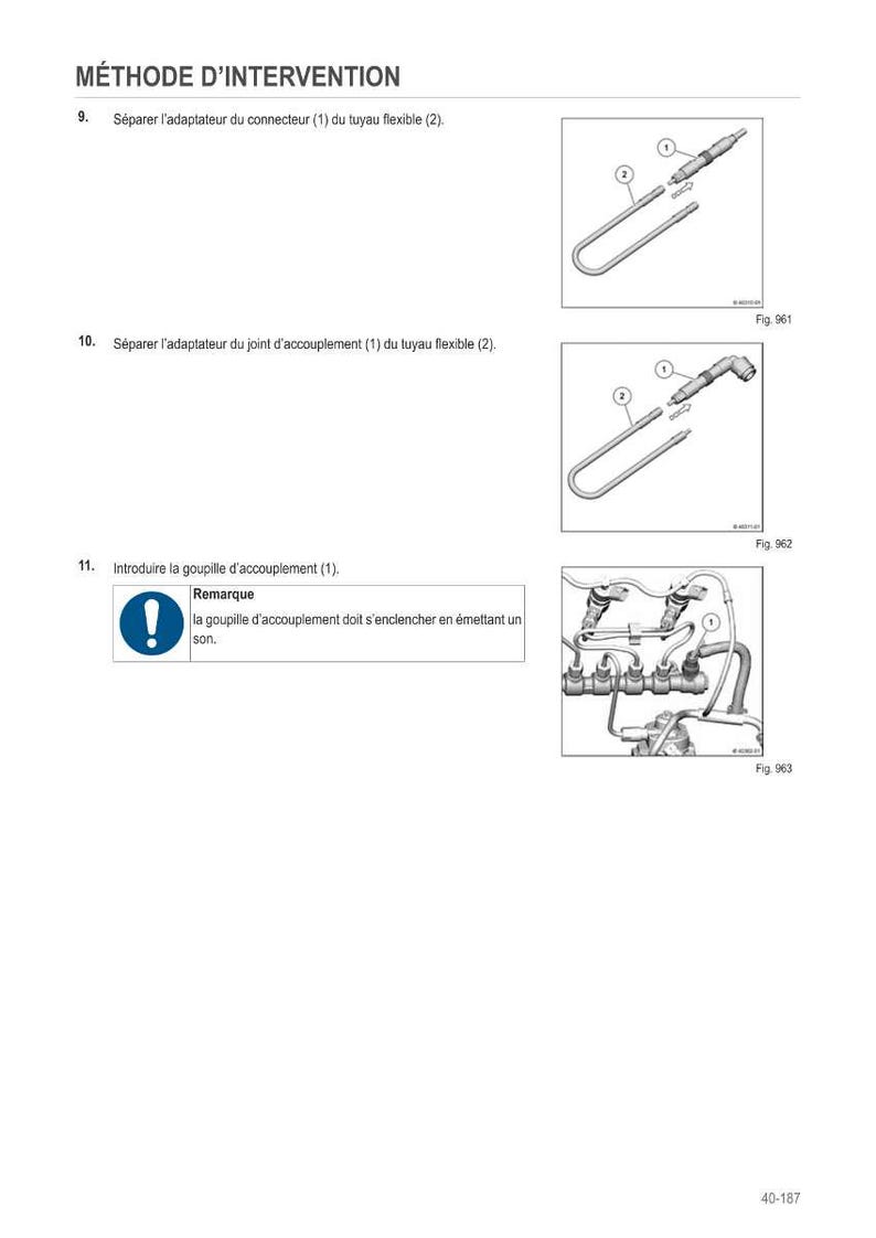 May include: Diagram of automotive parts with text in French. The diagram shows how to separate and connect various components, including adapters and flexible tubes. The image includes a warning symbol and a note about the assembly process.