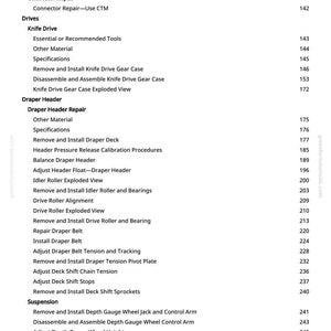 Peut inclure: Une page blanche avec une table des mati&egrave;res d&eacute;taill&eacute;e pour un manuel technique. Le texte comprend des sections sur la r&eacute;paration du contr&ocirc;leur, l'entra&icirc;nement du couteau, l'en-t&ecirc;te Draper, la suspension et l'hydraulique, avec les num&eacute;ros de page.