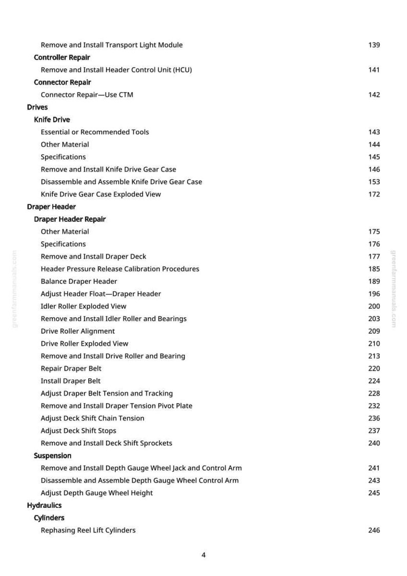 Peut inclure: Une page blanche avec une table des mati&egrave;res d&eacute;taill&eacute;e pour un manuel technique. Le texte comprend des sections sur la r&eacute;paration du contr&ocirc;leur, l'entra&icirc;nement du couteau, l'en-t&ecirc;te Draper, la suspension et l'hydraulique, avec les num&eacute;ros de page.