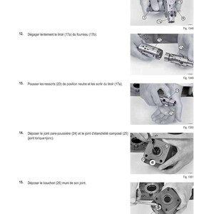 Może przedstawiać: Strona z instrukcji zatytułowana "M&Eacute;THODE D'INTERVENTION" z numerowanymi instrukcjami i diagramami. Diagramy ilustrują demontaż części mechanicznych, w tym sworznia, tulei i szuflady. Strona zawiera numery figur 1348, 1349, 1350, 1351 i 1352.