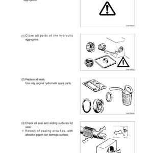 Puede incluir: Diagrama t&eacute;cnico con instrucciones para la reparaci&oacute;n de agregados hidr&aacute;ulicos. Incluye ilustraciones de componentes, advertencias y pasos para la sustituci&oacute;n de sellos y comprobaciones de superficies. El texto incluye "JUEGOS DE JUNTAS Y GRUPOS DE COMPONENTES".