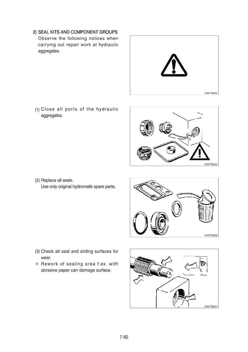 Puede incluir: Diagrama t&eacute;cnico con instrucciones para la reparaci&oacute;n de agregados hidr&aacute;ulicos. Incluye ilustraciones de componentes, advertencias y pasos para la sustituci&oacute;n de sellos y comprobaciones de superficies. El texto incluye "JUEGOS DE JUNTAS Y GRUPOS DE COMPONENTES".