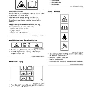 Pu&ograve; includere: Una pagina di manuale con etichette di sicurezza e istruzioni. Le etichette avvertono contro incendi di apparecchiature, schiacciamento e lame rotanti. Le istruzioni includono l'arresto del motore e l'uso della cintura di sicurezza.
