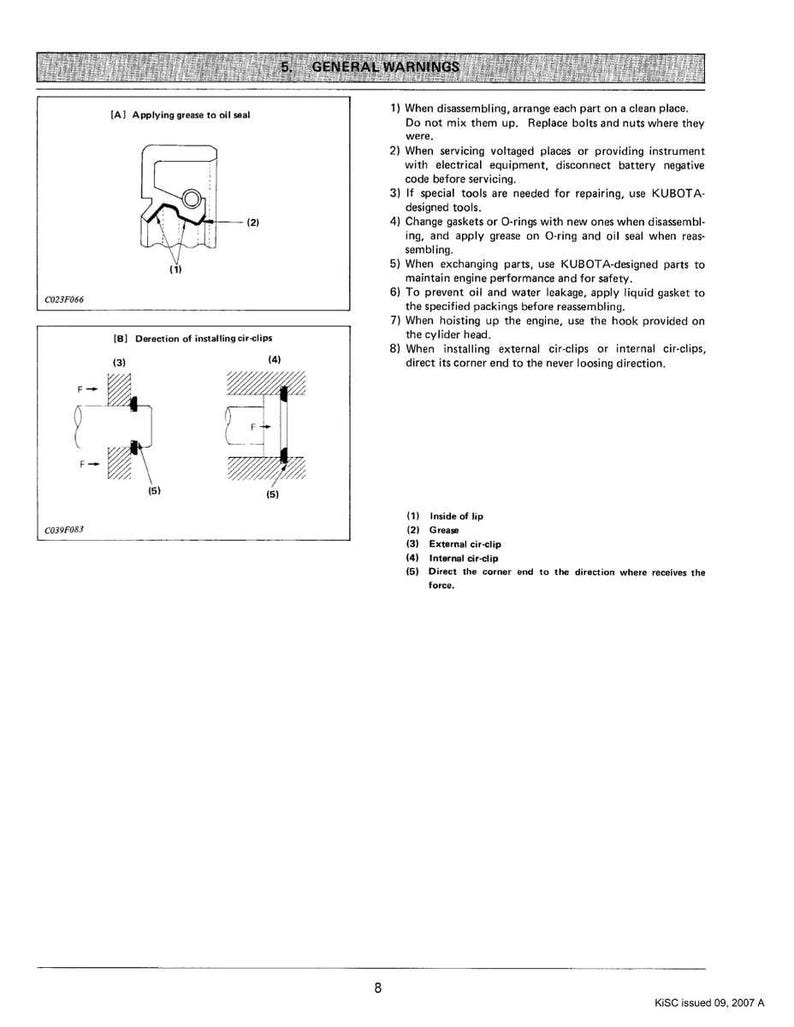 Op de afbeelding: Diagrammen die het aanbrengen van vet op een oliekeerring en de installatie van borgveren illustreren. De afbeelding bevat genummerde labels en tekst met algemene waarschuwingen voor motoronderhoud en reparatieprocedures.