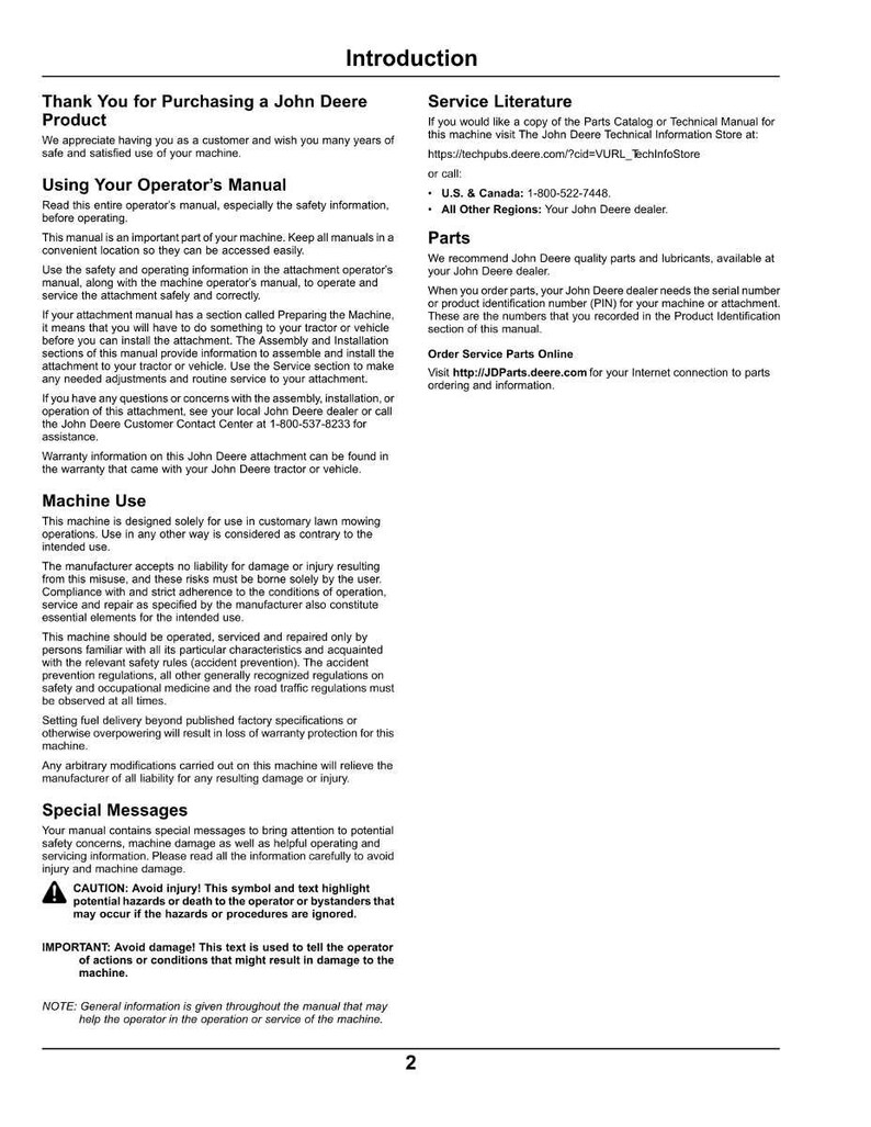 Puede incluir: Una p&aacute;gina del manual del operador de John Deere, titulada "Introducci&oacute;n". El texto cubre temas como el uso del producto, la seguridad y la informaci&oacute;n de servicio. Incluye los datos de contacto del servicio de atenci&oacute;n al cliente y el pedido de piezas en l&iacute;nea.