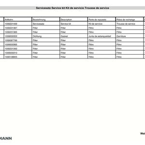 May include: A parts list for a service kit, with columns for item number, description, and quantity. The list includes filters and gaskets. The text is in multiple languages. The Weidemann logo is at the bottom.
