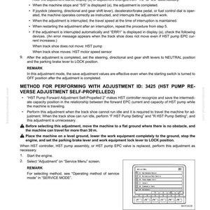 K&ouml;nnte beinhalten: Eine Seite aus einem Handbuch mit der &Uuml;berschrift "30 TESTING AND ADJUSTING" und "SET AND OPERATE MACHINE MONITOR". Der Text beschreibt Maschinenanpassungsverfahren, einschlie&szlig;lich Schritte f&uuml;r die HST-Pumpe und das Servicemen&uuml;.