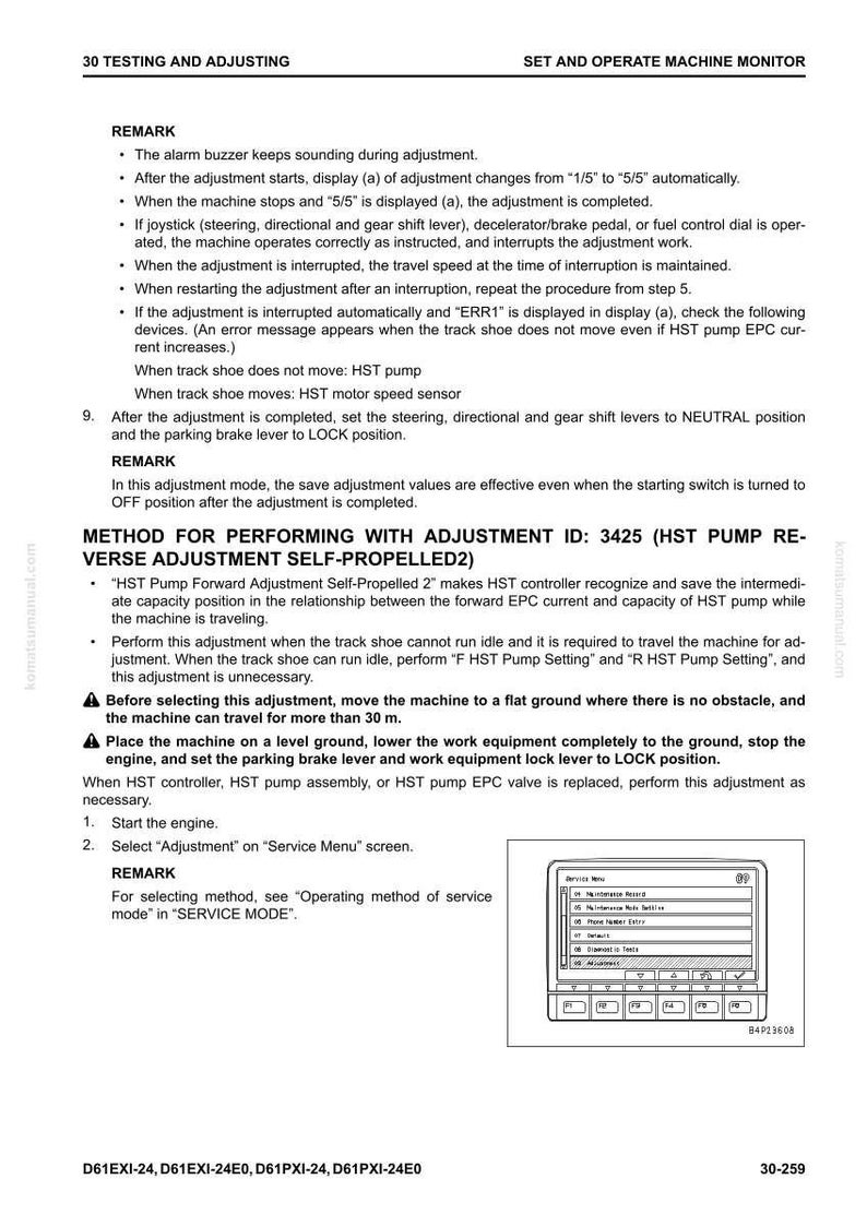 K&ouml;nnte beinhalten: Eine Seite aus einem Handbuch mit der &Uuml;berschrift "30 TESTING AND ADJUSTING" und "SET AND OPERATE MACHINE MONITOR". Der Text beschreibt Maschinenanpassungsverfahren, einschlie&szlig;lich Schritte f&uuml;r die HST-Pumpe und das Servicemen&uuml;.