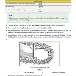 May include: A technical diagram titled "Travel Gear Case and Motor Remove and Install." The diagram includes specifications for weight and torque, along with numbered steps for maintenance. A detailed illustration of the travel motor cover is also present.