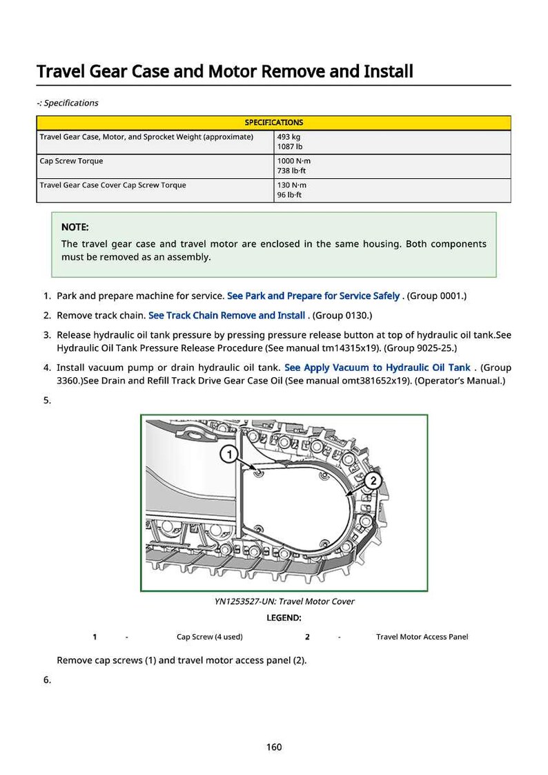 May include: A technical diagram titled "Travel Gear Case and Motor Remove and Install." The diagram includes specifications for weight and torque, along with numbered steps for maintenance. A detailed illustration of the travel motor cover is also present.