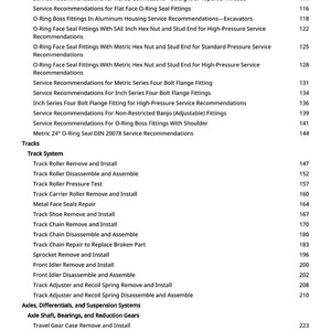 K&ouml;nnte beinhalten: Eine wei&szlig;e Seite mit einem detaillierten Inhaltsverzeichnis. Der Text enth&auml;lt Serviceempfehlungen f&uuml;r verschiedene Armaturen, Ketten und Hydrauliksysteme mit den entsprechenden Seitenzahlen.
