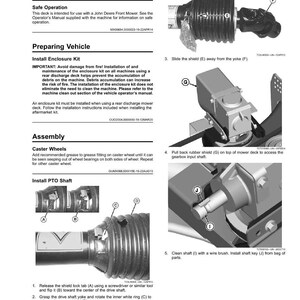 May include: A page from a John Deere Front Mower operator's manual, detailing safety and assembly instructions. Includes diagrams and text on installing an enclosure kit, caster wheels, and the PTO shaft. The page is titled "Safety".