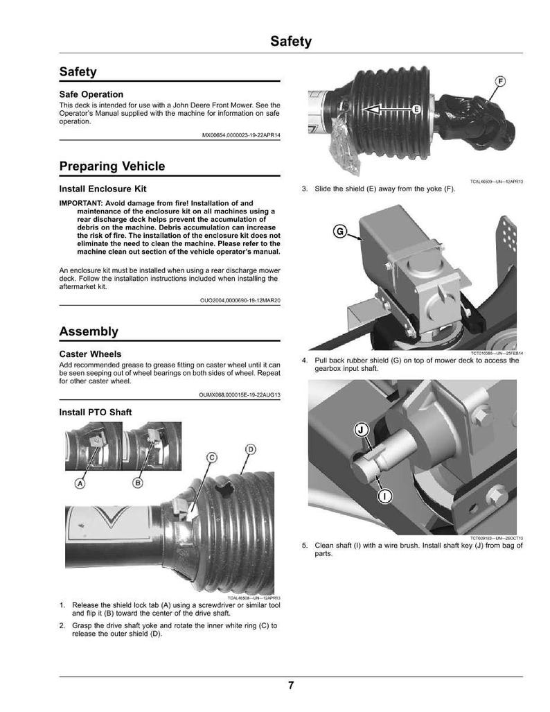 May include: A page from a John Deere Front Mower operator's manual, detailing safety and assembly instructions. Includes diagrams and text on installing an enclosure kit, caster wheels, and the PTO shaft. The page is titled "Safety".