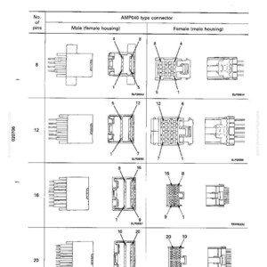 May include: Diagram of AMP040 type connectors, showing male and female housing configurations with varying pin numbers: 8, 12, 16, and 20. Includes pin number diagrams for troubleshooting and connection purposes. The image is a technical illustration.
