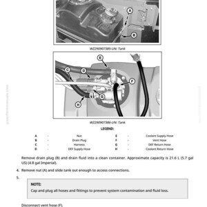 K&ouml;nnte beinhalten: Diagramm eines Tanks mit den Komponenten A bis H, einschlie&szlig;lich Schl&auml;uchen und Anschl&uuml;ssen. Textanweisungen beschreiben Wartungsverfahren wie das Entfernen der Ablassschraube und das Abklemmen von Schl&auml;uchen. Das Tankvolumen betr&auml;gt ca. 21,6 Liter.