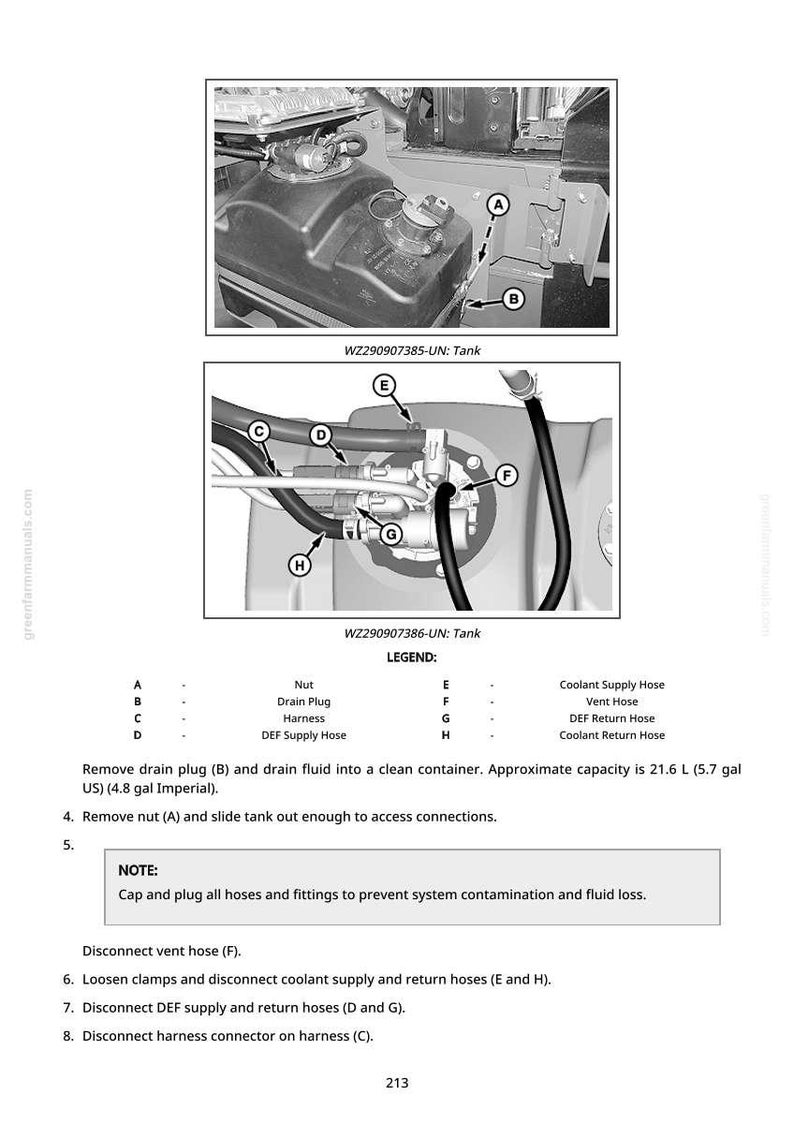 K&ouml;nnte beinhalten: Diagramm eines Tanks mit den Komponenten A bis H, einschlie&szlig;lich Schl&auml;uchen und Anschl&uuml;ssen. Textanweisungen beschreiben Wartungsverfahren wie das Entfernen der Ablassschraube und das Abklemmen von Schl&auml;uchen. Das Tankvolumen betr&auml;gt ca. 21,6 Liter.