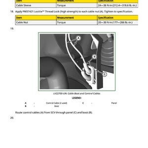 May include: Diagram of cable boot and control cables with labels A, B, and C. The image includes a table with torque specifications in lb.-in. for cable sleeves and cable nuts. The text reads "LV22705-UN: Cable Boot and Control Cables."