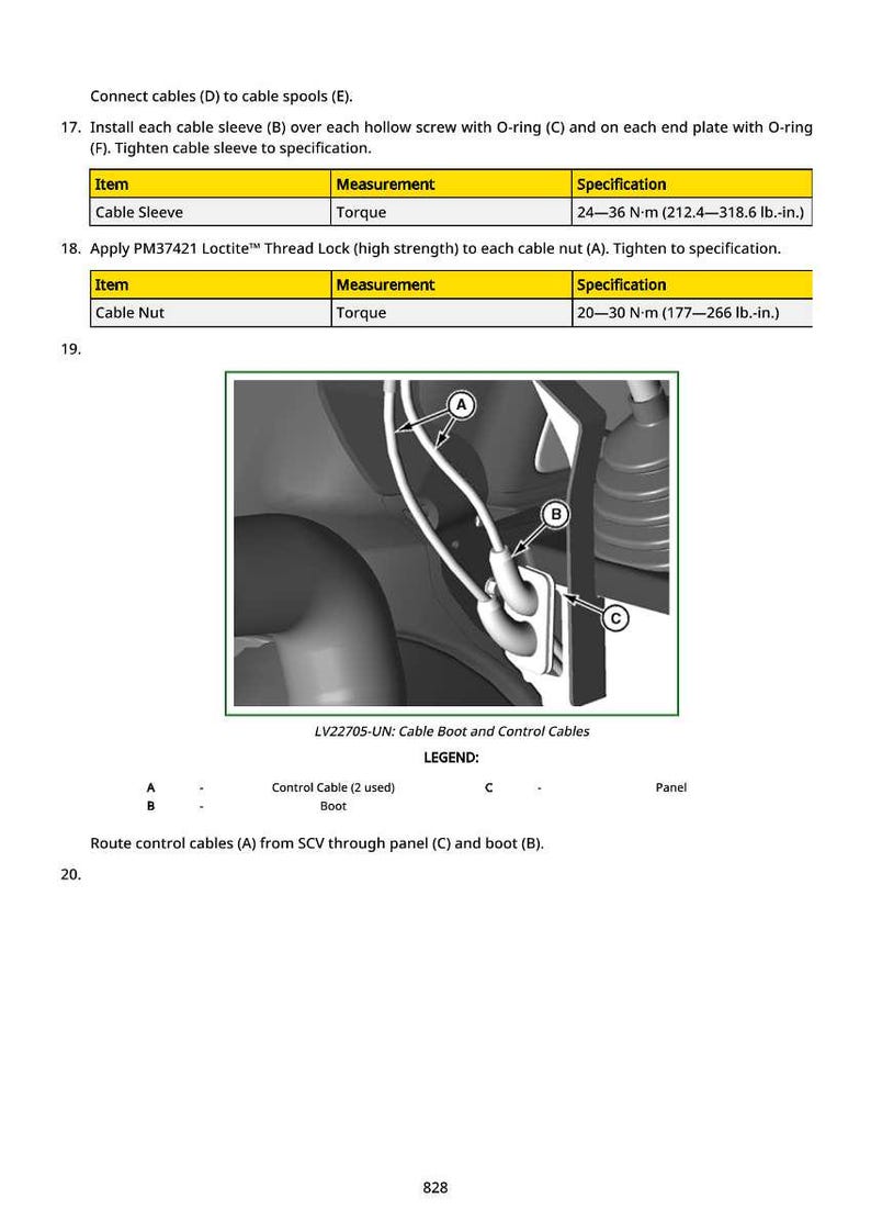 May include: Diagram of cable boot and control cables with labels A, B, and C. The image includes a table with torque specifications in lb.-in. for cable sleeves and cable nuts. The text reads "LV22705-UN: Cable Boot and Control Cables."