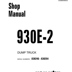 May include: A white shop manual cover with black text. The text reads "Shop Manual" above "930E-2" and "DUMP TRUCK". Below, it lists serial numbers A30246 - A30254. The Komatsu logo is at the bottom.
