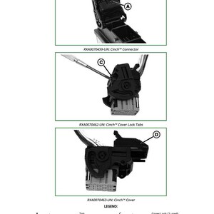 K&ouml;nnte beinhalten: Diagramm eines Cinch&trade;-Steckers, Abdeckungs-Verriegelungslaschen und Abdeckung. Das Bild zeigt Nahaufnahmen der Komponenten mit den Bezeichnungen A, B, C und D. Anweisungen zum Trennen des Steckers vom Controller sind enthalten.