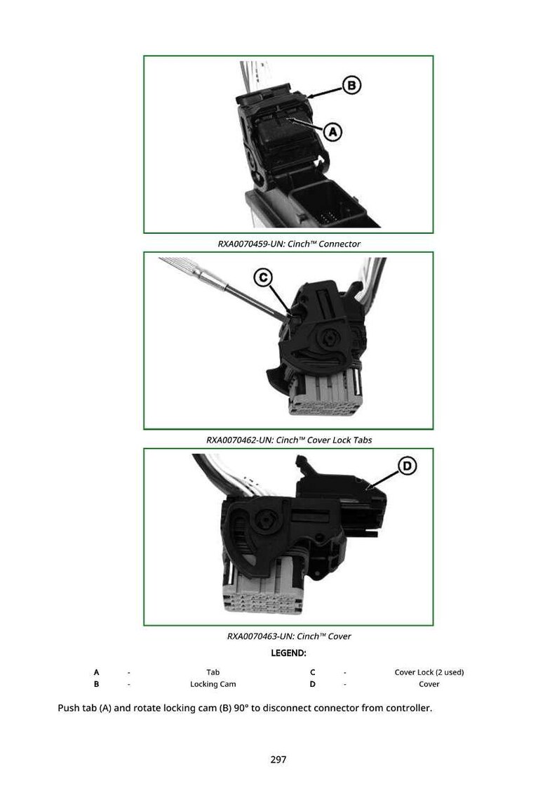 K&ouml;nnte beinhalten: Diagramm eines Cinch&trade;-Steckers, Abdeckungs-Verriegelungslaschen und Abdeckung. Das Bild zeigt Nahaufnahmen der Komponenten mit den Bezeichnungen A, B, C und D. Anweisungen zum Trennen des Steckers vom Controller sind enthalten.