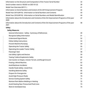 May include: A printed document with a table of contents, featuring a list of topics related to tractor safety and maintenance. The document includes sections on safety measures, serial numbers, and operating procedures. The text is black on a white background.