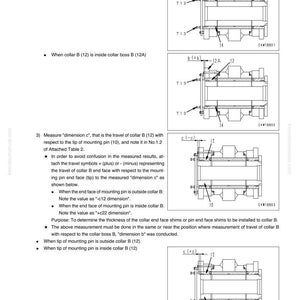 May include: Diagram of work equipment assembly with labeled parts and measurements. The image includes illustrations of collar B, collar boss B, mounting pins, and special tool T13. Text instructions are also included.