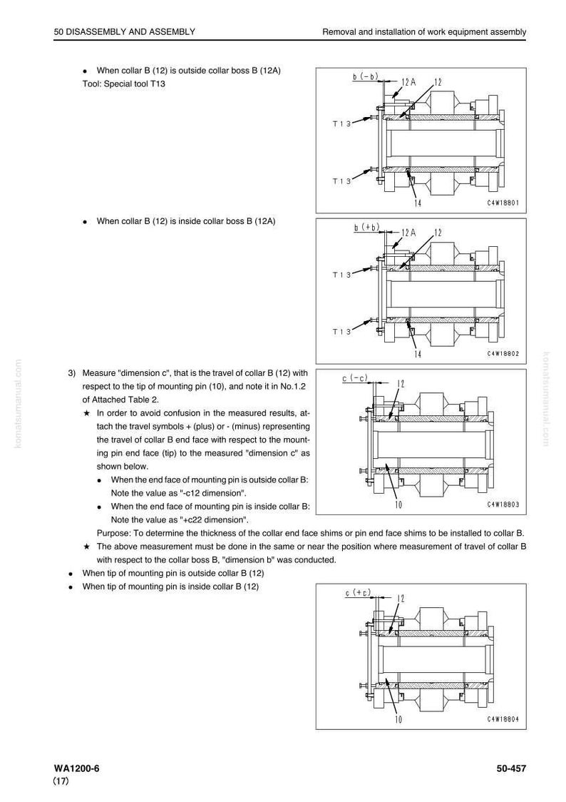 May include: Diagram of work equipment assembly with labeled parts and measurements. The image includes illustrations of collar B, collar boss B, mounting pins, and special tool T13. Text instructions are also included.