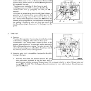 May include: Diagram of a travel motor with labels for components like orifices, chambers, and ports. The diagram illustrates the motor's structure and function, including the operation of the brake when traveling downhill and the safety valve.