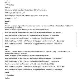 K&ouml;nnte beinhalten: Eine Seite aus einem greenfarmmanuals.com-Handbuch mit Fehlerbehebungsschritten f&uuml;r eine Pflanzmaschine. Der Text enth&auml;lt Anweisungen zum &Uuml;berpr&uuml;fen der Spannung und von Anschlussfehlern, mit Ergebnissen und Verfahren.