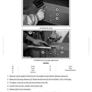 May include: Diagram illustrating clutch pedal free play adjustment. Includes close-up images of components labeled A through F, with text instructions and measurements in inches. The text includes steps for adjustment and a legend.