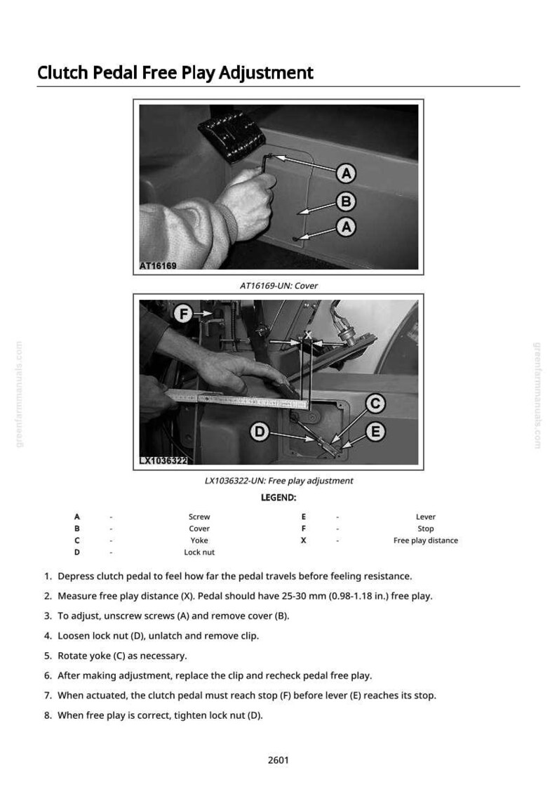 May include: Diagram illustrating clutch pedal free play adjustment. Includes close-up images of components labeled A through F, with text instructions and measurements in inches. The text includes steps for adjustment and a legend.