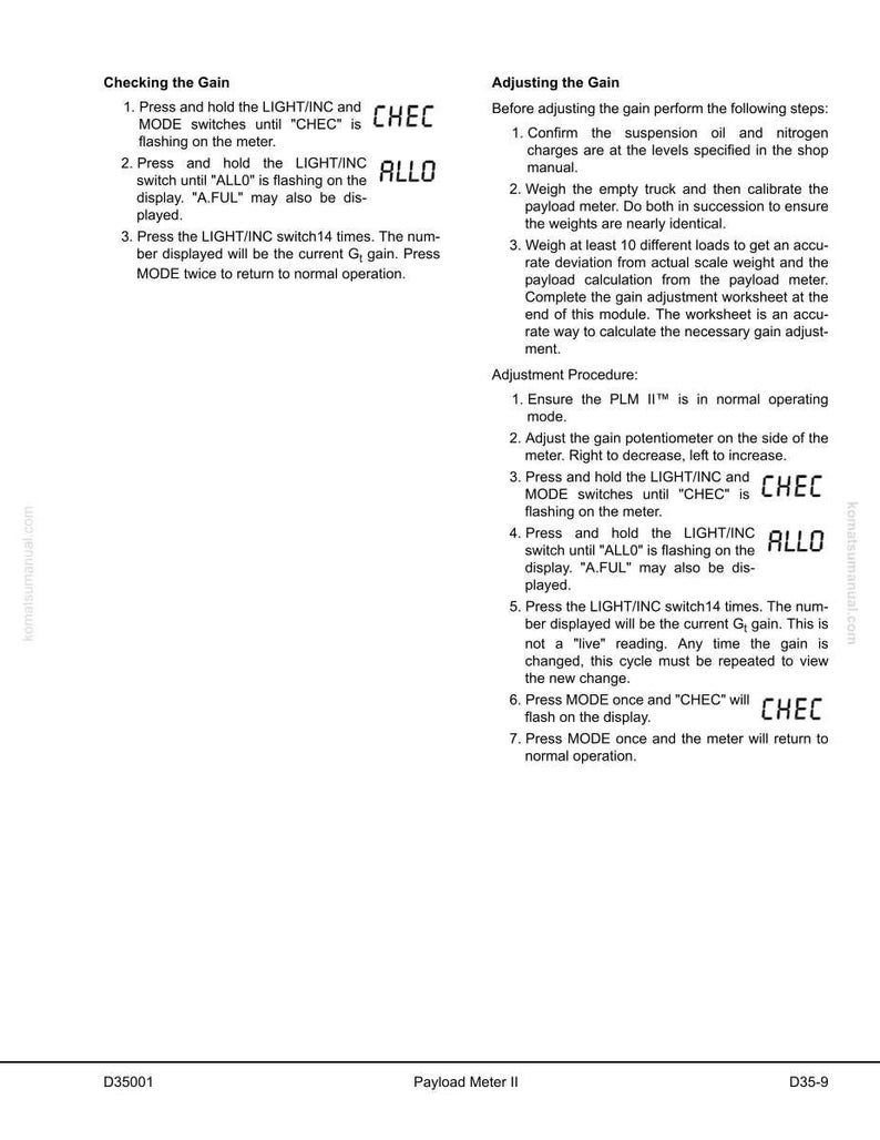May include: A white and black manual page with instructions for adjusting the gain on a payload meter. The text includes steps for checking and adjusting the gain, with highlighted terms like "CHEC" and "ALLO".