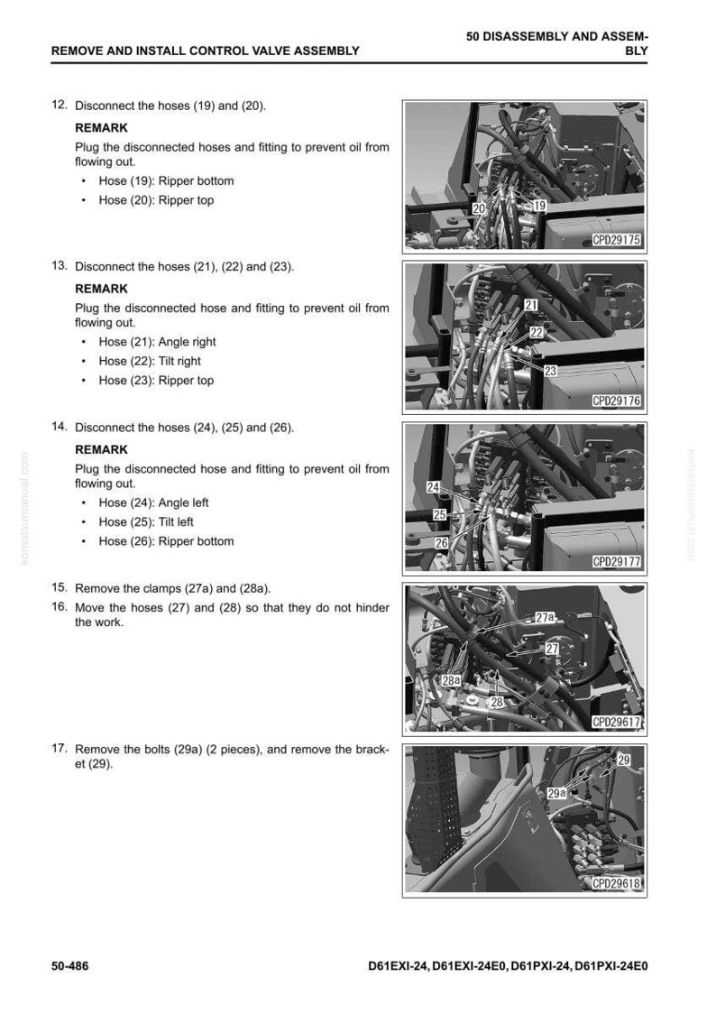 K&ouml;nnte beinhalten: Diagramm zur Demontage einer Steuerventilanordnung. Das Bild zeigt verschiedene Schl&auml;uche, Klemmen und Schrauben mit Beschriftungen und entsprechenden Bildern. Textanweisungen werden f&uuml;r jeden Schritt bereitgestellt.