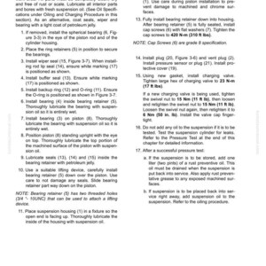 May include: Detailed assembly instructions for rear suspensions, including steps for installing seals, bearings, and plugs. The text provides torque specifications in foot-pounds and Newton-meters, and also includes notes on lubrication and pressure testing.