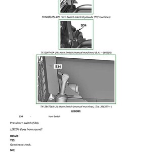 May include: Diagram of horn switch components, labeled S34, with text instructions for troubleshooting. Includes images of horn switch installations in various machines. Text includes "Press horn switch (S34)." and troubleshooting steps.
