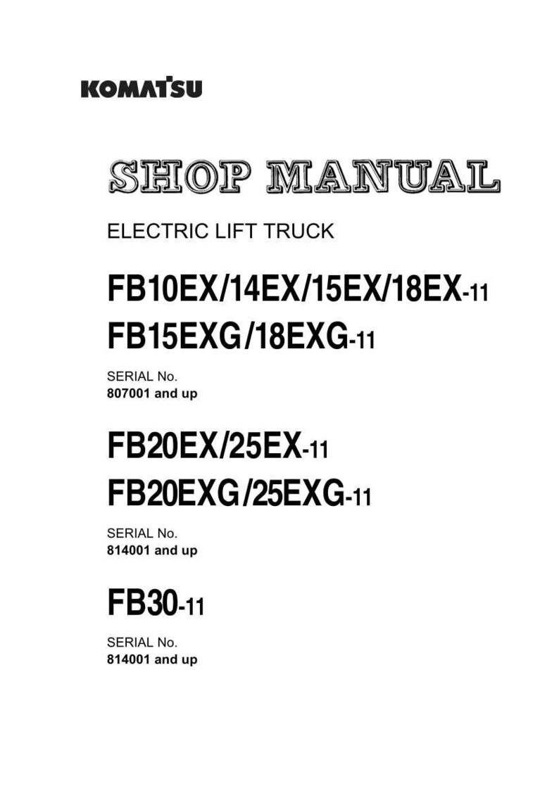 May include: A white document with the Komatsu logo and the words "SHOP MANUAL" in a stylized font. The text lists various models of electric lift trucks, including FB10EX, FB14EX, FB15EX, FB18EX, FB15EXG, FB18EXG, FB20EX, FB25EX, FB20EXG, FB25EXG, and FB30.